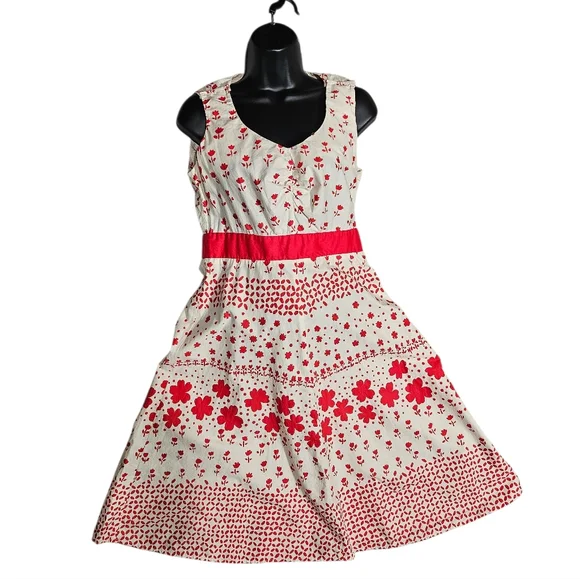 Ruby Belle Vintage Red Orange Off White Floral Dress 8 - Picture 2 of 9